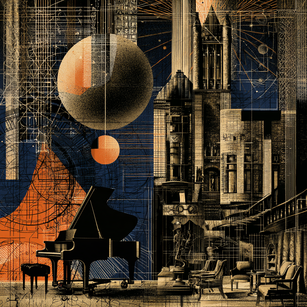 3-Month Membership Collage illustration of a grand piano, club interior and Chicago architecture